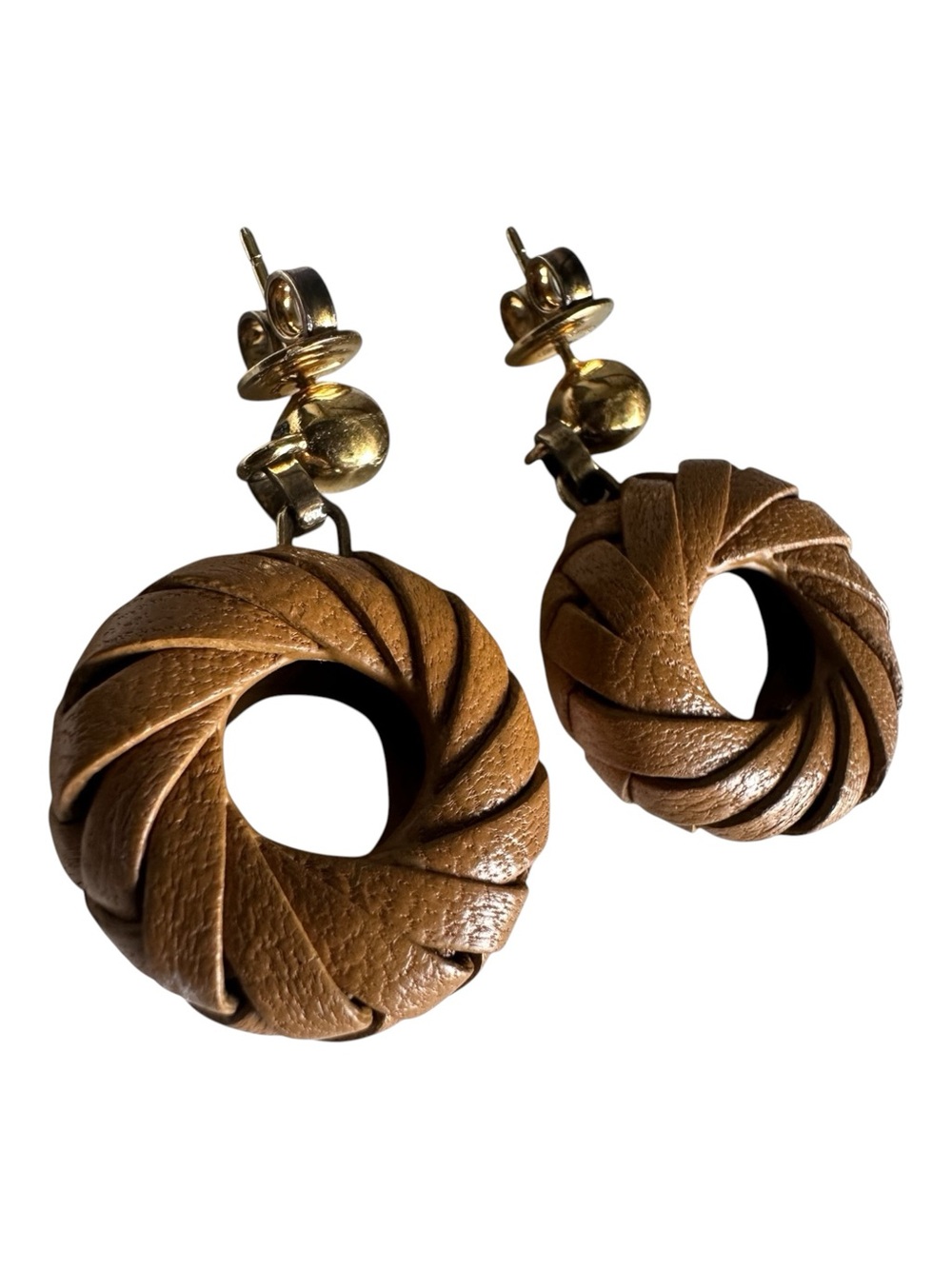 Bottega Veneta Brown Nappa Leather Twist Donut Drop Earrings Gold Hardware - Picture 2 of 7